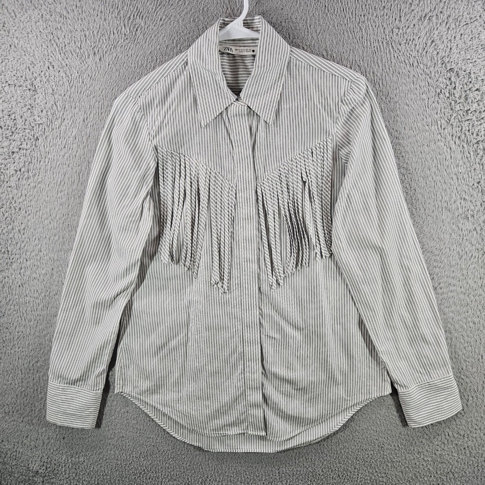 Zara Womens XS Striped Fringe Western Button Down Shirt Black White Cotton‎